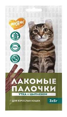 Мнямс Лакомство лакомые палочки для кошек из цыпленка и утки