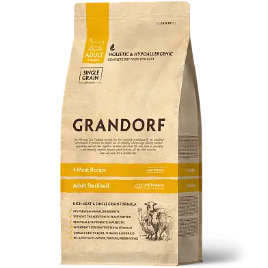 Grandorf сухой низкозерновой корм для стерилизованных кошек с пробиотиками "четыре вида мяса с бурым рисом"